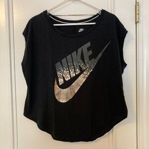 Nike black shiny metallic gold tee